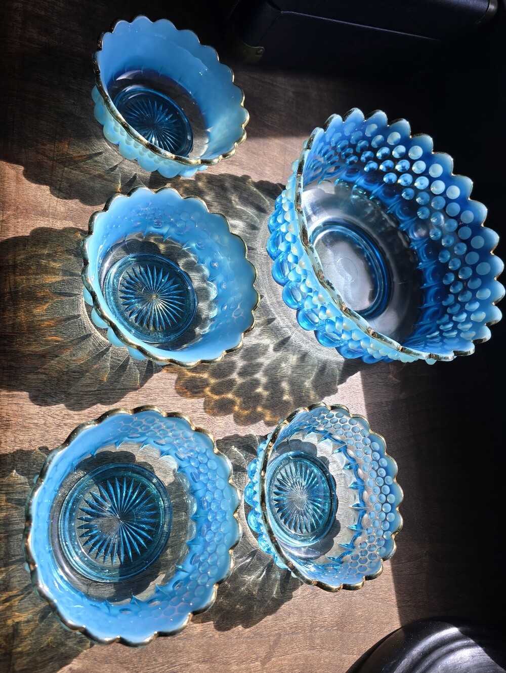 Antique Fenton Blue Opalescent Hobnail Berry Bowls Art Glass Northwood EAPG Dish